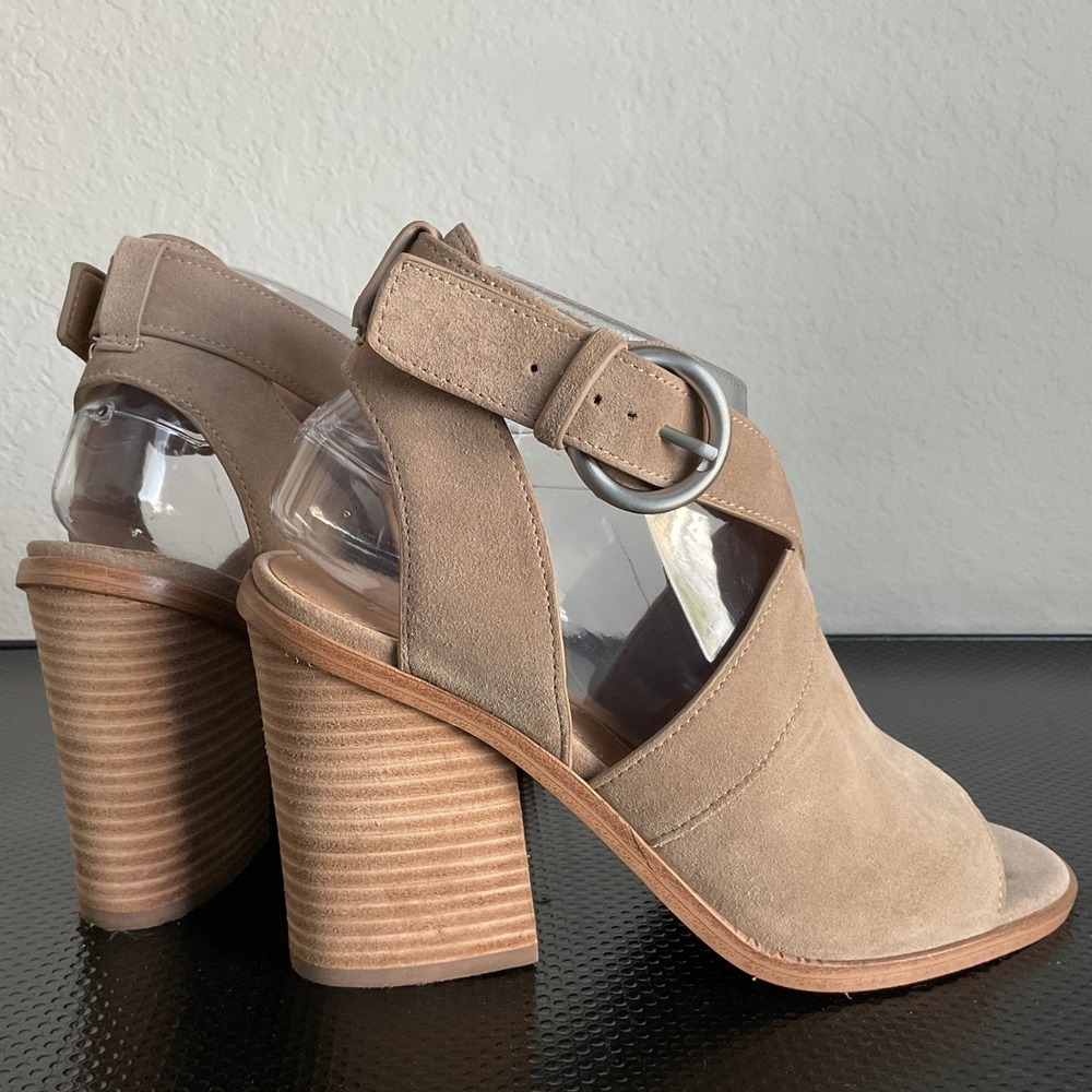 Marc Fisher LTD Tim Beige Tan Suede Open Toe Buckle Block Heel Booties 7.5M - Picture 3 of 12